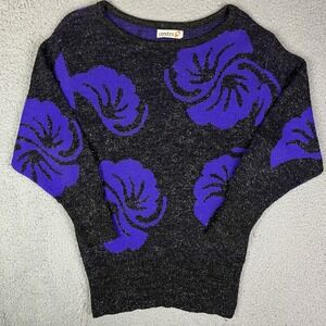 Vintage Pandora Retro Purple & Black Women's Sweater Floral Crewneck Acrylic
